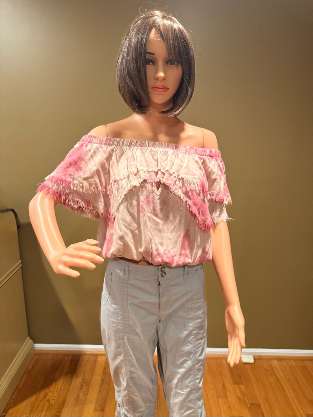 Surf Gypsy Pink Tie-Dye Off-Shoulder Fringe Blouse